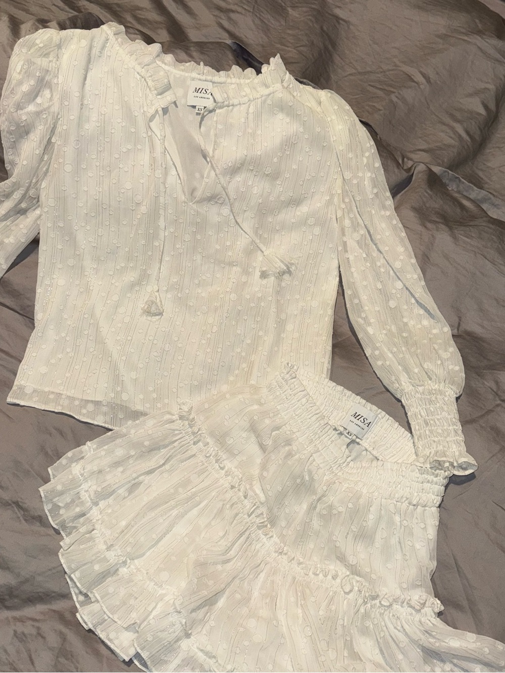 MISA Siena Top + Marion Skirt Set XS Off White Clip Dot Lurex Ruffle - Picture 6 of 16